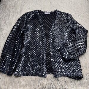 Vintage Three Flags Women's M Black Silver Sequin Open Knit Cardigan Sparkle
